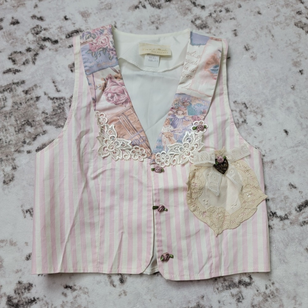 VTG 90s Lucy & Phoebe Girls Vest 7/8 Pink Stripe Floral Lace Shabby Cottagecore